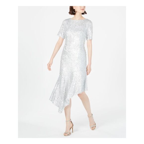 NWT ADRIANNA PAPELL Womens Silver Short Sleeve Midi Sheath Party Dress Size: 14